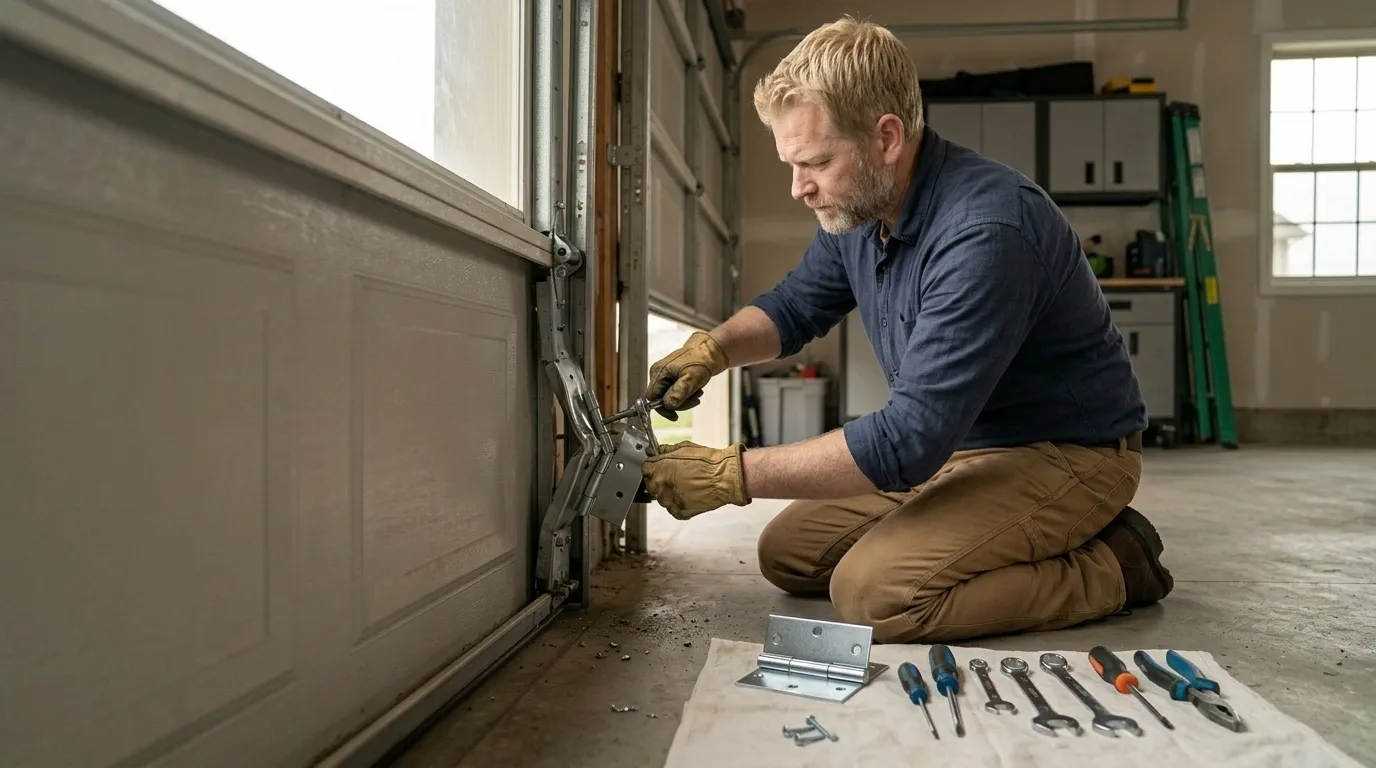 Garage door technician repairing a residential garage door in Costa Mesa California