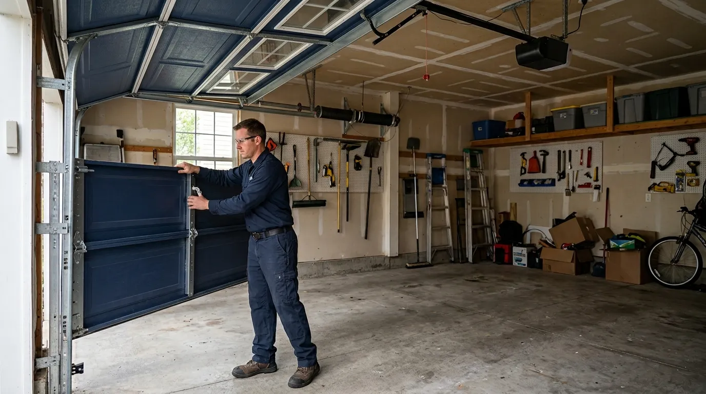 Garage door technician inspecting springs rollers tracks and opener in Costa Mesa California